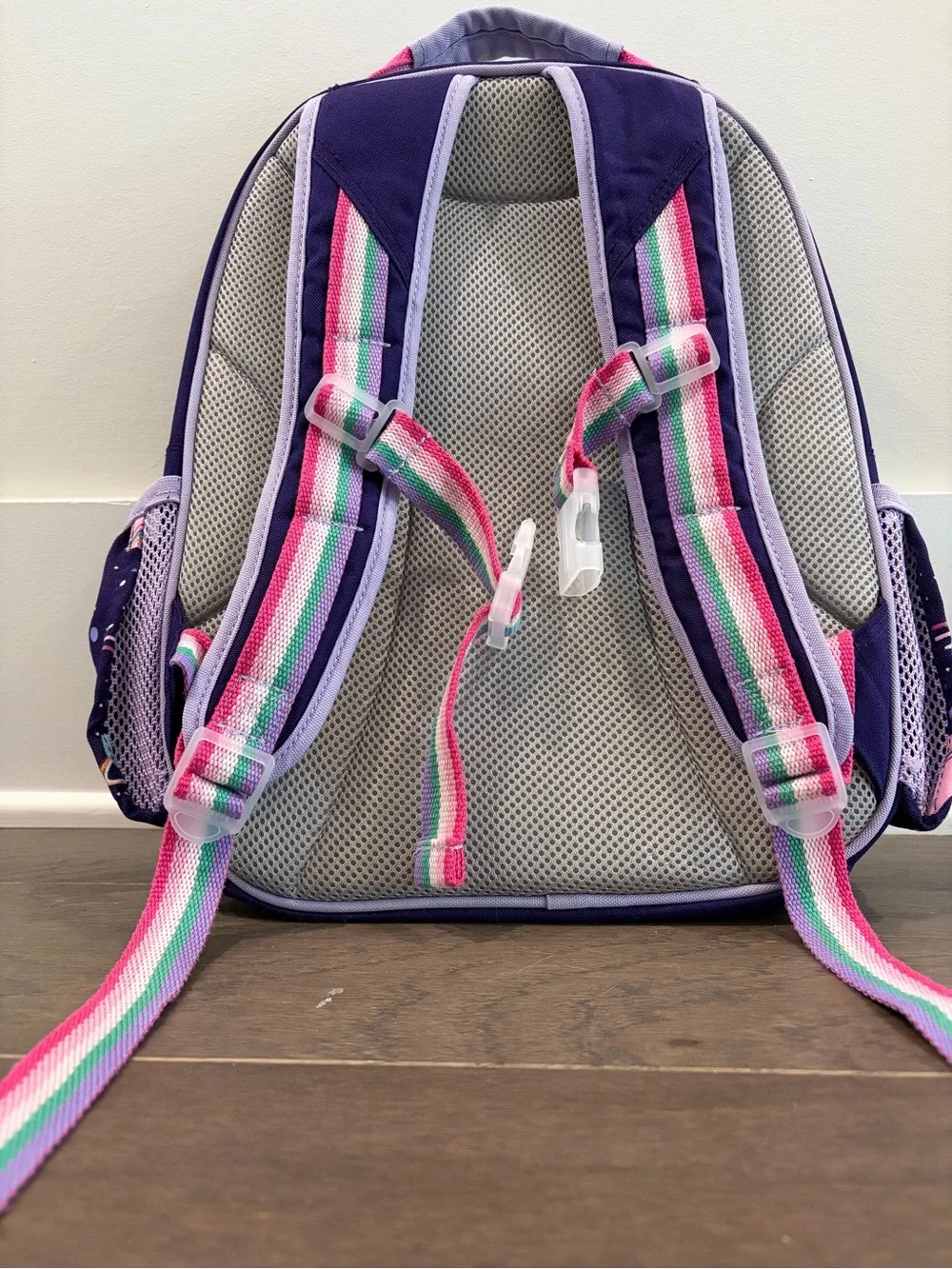“Emily” SMALL PBK backpack, 15”, purple rainbow heart galaxy. USED